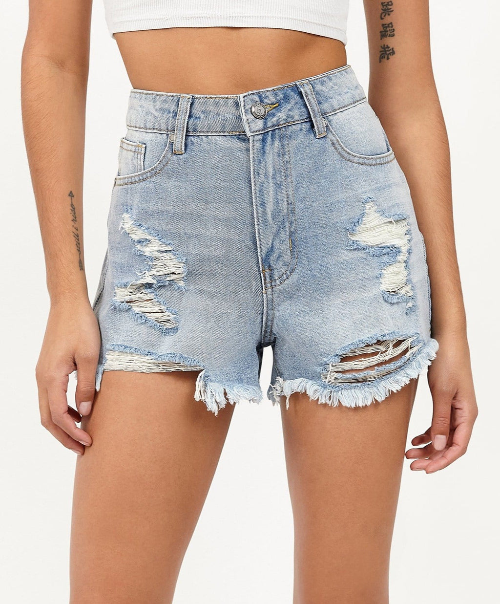 Ella Women's Distressed High-Waist Denim Shorts - Blue
